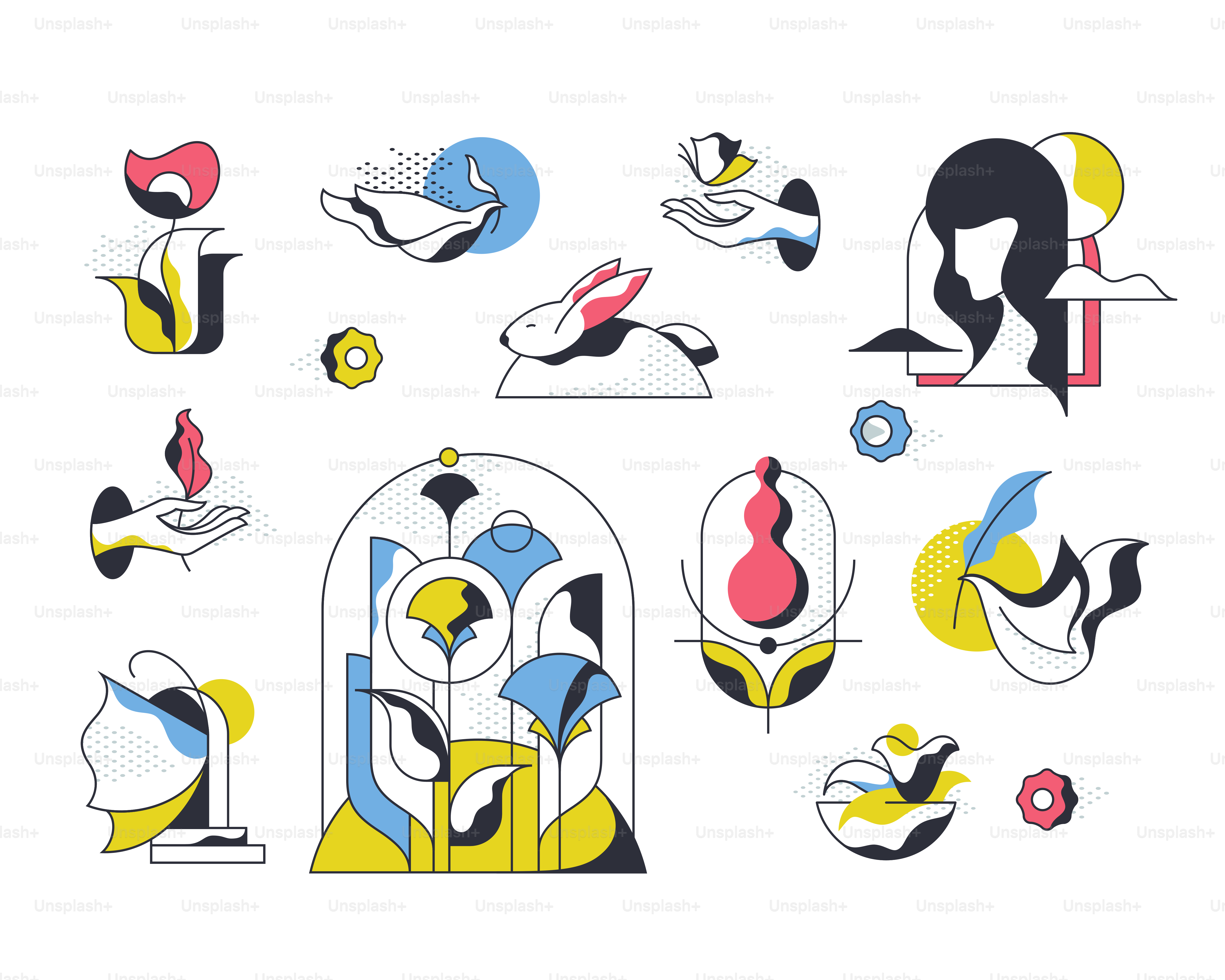 Vector set of isolated spring and summer stylized pop art illustrations.