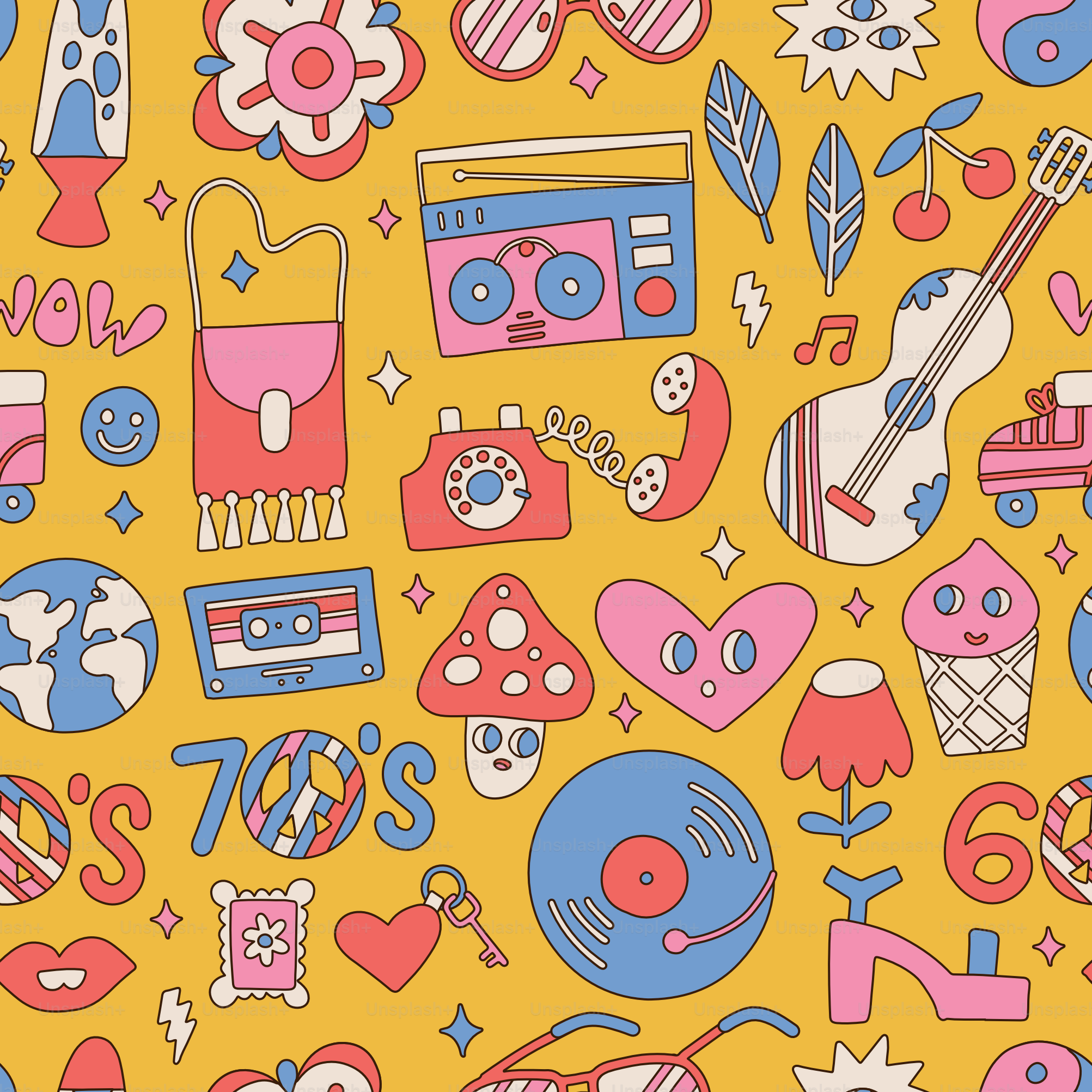 Patrón sin costuras con muchos elementos hippies al estilo retro de los 70 sobre fondo amarillo. Cosas psicodélicas y divertidas. Tendencia moderna de la ilustración vectorial