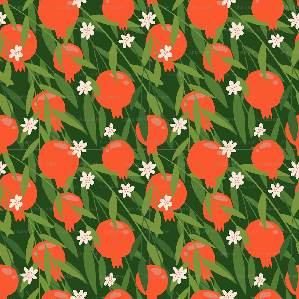 Grenade rouge motif sans couture avec des feuilles vertes. Illustration vectorielle florale pour carte de vœux SHANA TOVA. Carte de vœux de Rosh Hashana, symbole de fête une grenade. Illustration vectorielle plate de fleurs et de fruits