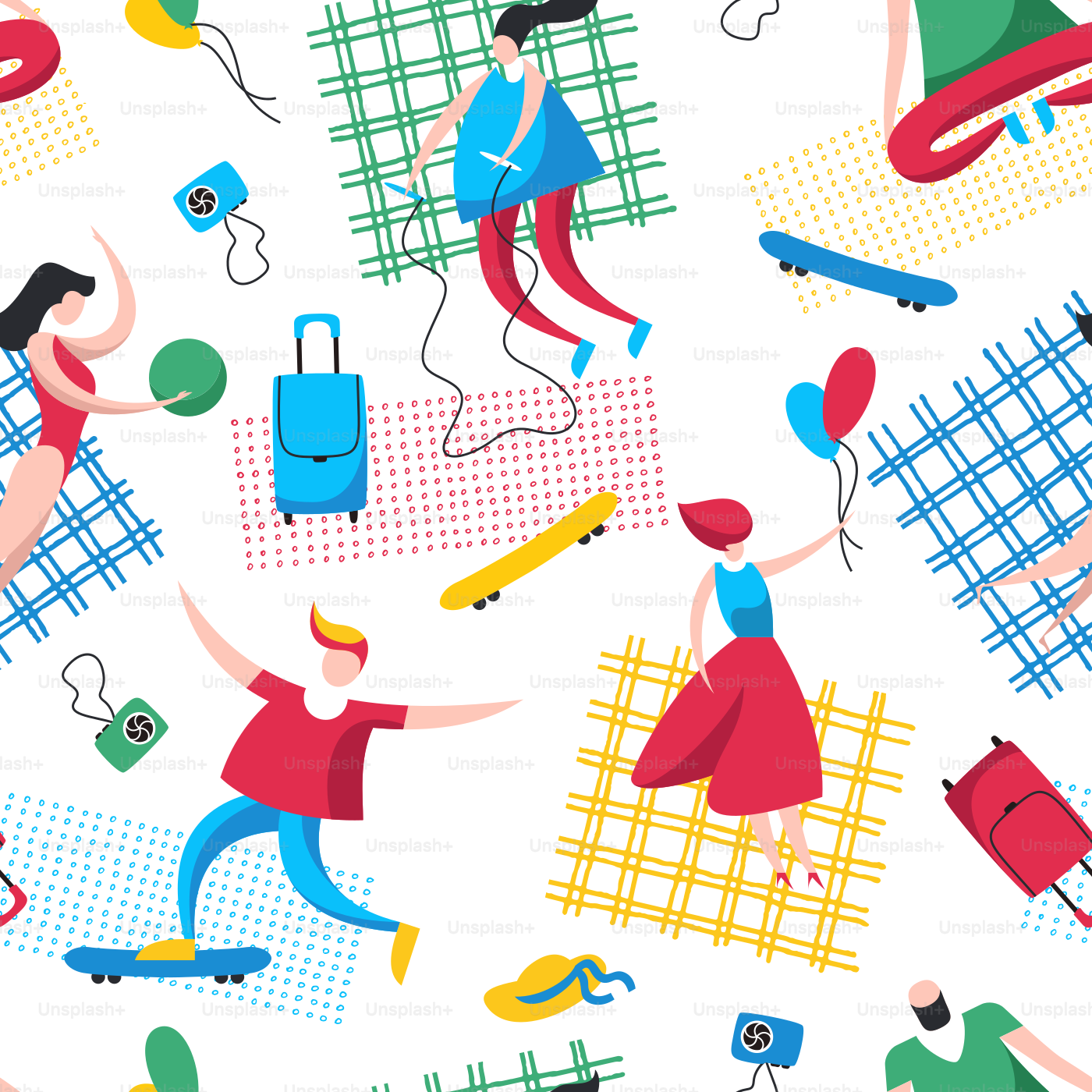 Sommerferien-Vektormuster nahtlos mit glücklichen und freudigen Menschen