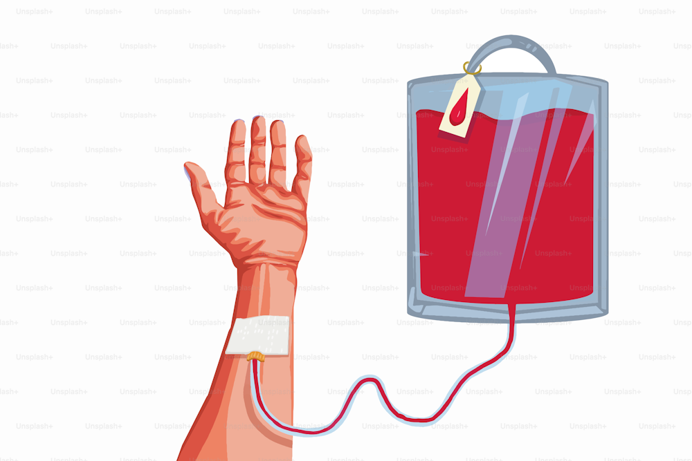 Illustration of bag of blood and hand of donor