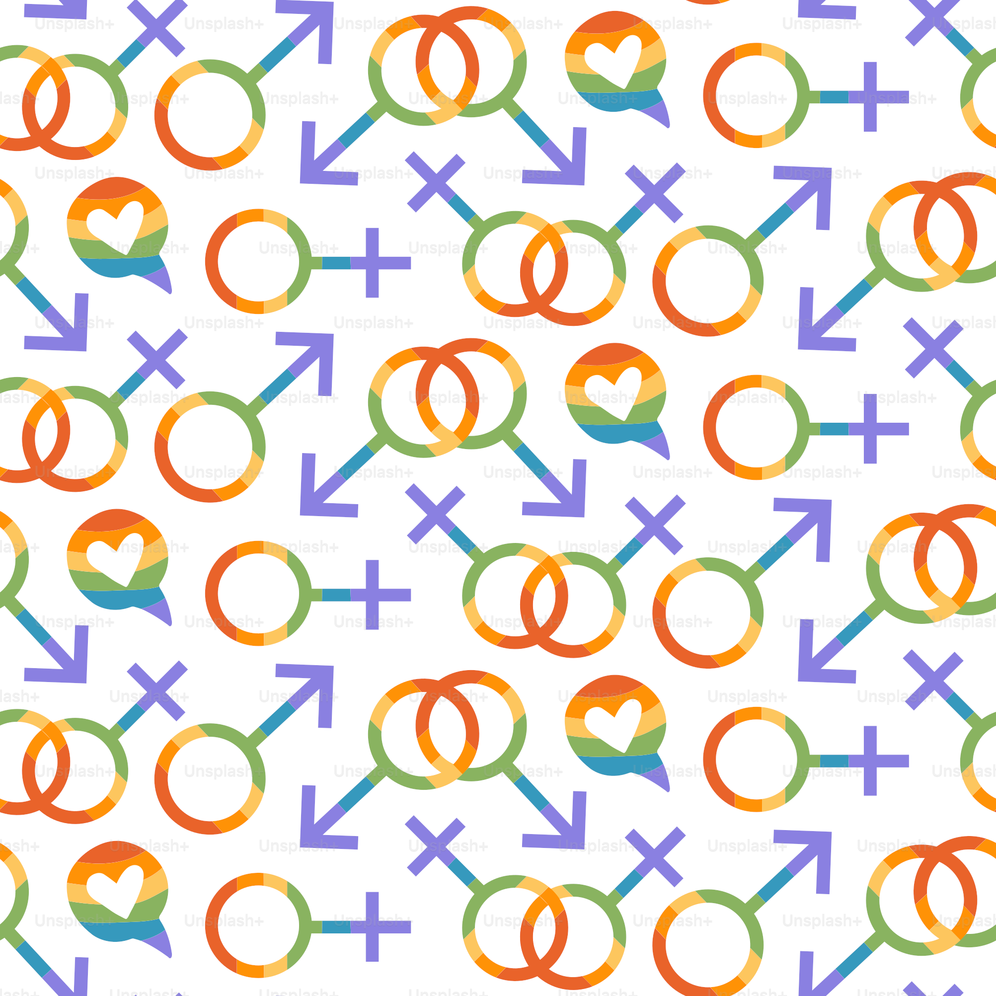 Patrón sin costuras del orgullo gay en una paleta de colores arcoíris.  Fondo imprimible para el concepto de diseño del mes del orgullo. Papel de  regalo, textiles, decoración de regalos. Signos femeninos, image size:3000x3000