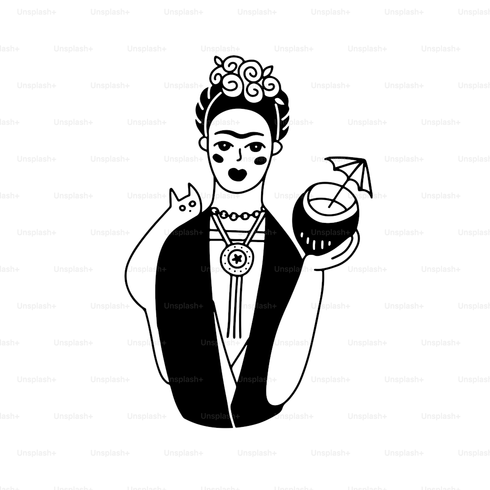 귀여운 프리다 프린트는 발크와 화이트 두들 스타일의 멕시코 전통 의상을 입고, 머리에 꽃 화환을 쓴 여자. 그녀의 손에 코코넛 코테일. 색칠 공부 페이지 또는 디자인 인쇄. 벡터 그림