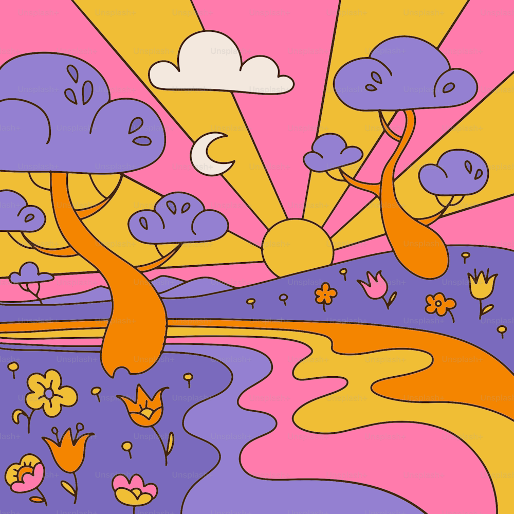 Groovy Landschaftshintergrund mit abstrakten Bäumen, Blumen und Fluss, Retro-Wellen-Clipart. Postkartendesigns mit bunter abstrakter Natur, Vektorkontur handgezeichnete Illustration im flachen Stil