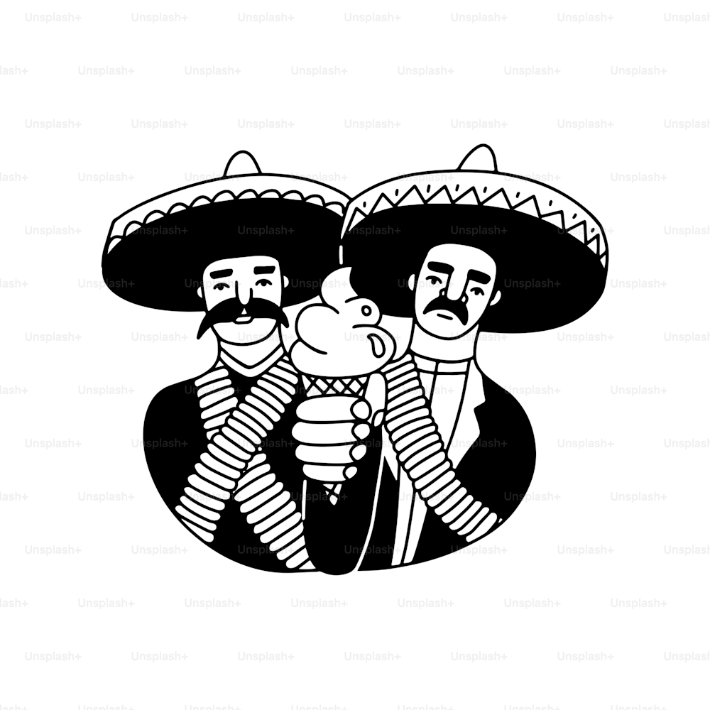 Umoristico carino messicano Desperados che tiene il gelato al posto della pistola. Vettore doodle isolato Illustrazione in nero su bianco. Adesivo hipster