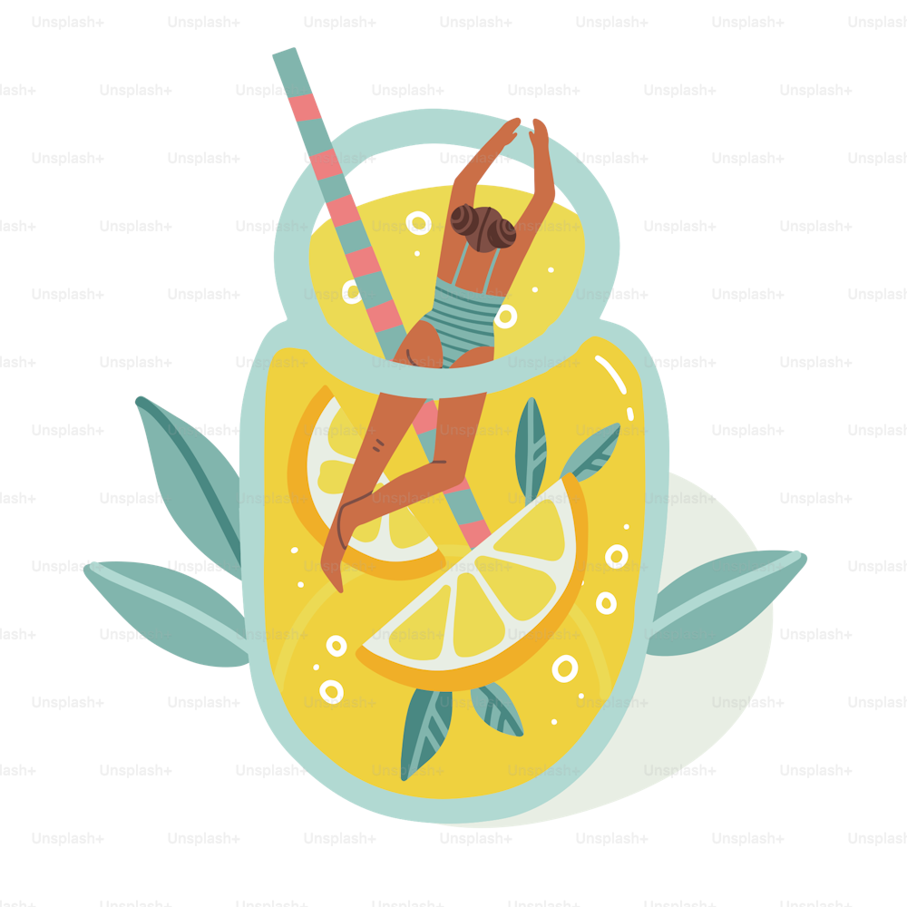 Tanned girl in swimming suit diving in lemonade drink. Glass jar with lemon slices. Cartoon comic girl in a citrus cocktail jag. Vector flat hand drawn illustration
