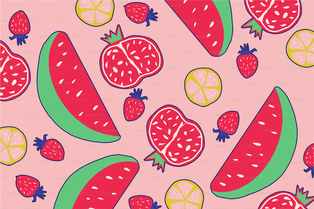 Summer composition of watermelon, pomegranate, strawberry and lemon. Pastel tones, a new color palette