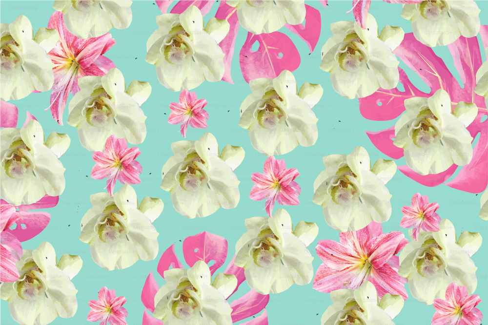 Floral seamless pattern of orchids and tropical leaves with pastel colors
