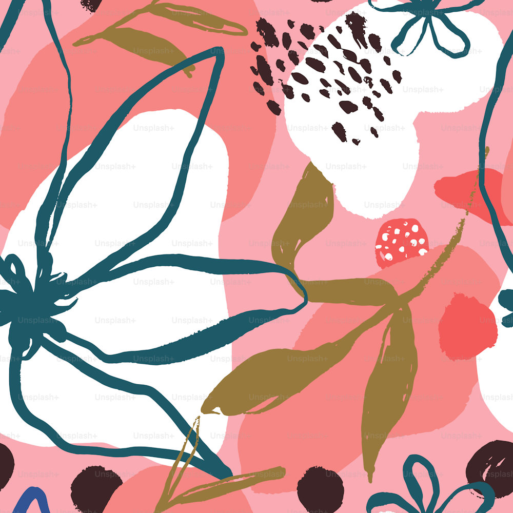 Arte floral abstrata padrão sem costura com decoração de forma orgânica rosa em estilo desenhado à mão. Fundo de pincel de tinta à mão livre para impressão de moda feminina, papel de parede de verão da moda ou design de natureza.