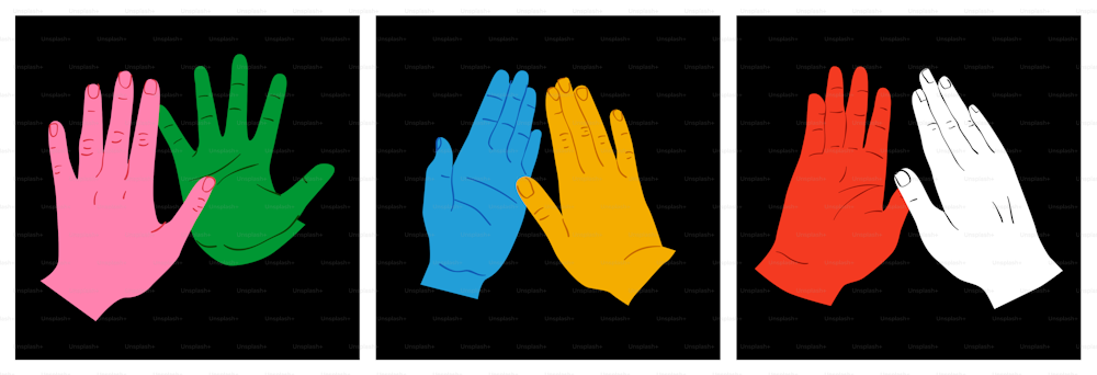 Diverse persone colorate mano facendo cinque gesto alto insieme. Illustrazione a fumetti di mani moderne del team del partner commerciale, del gruppo di amici o del concetto di celebrazione del successo.