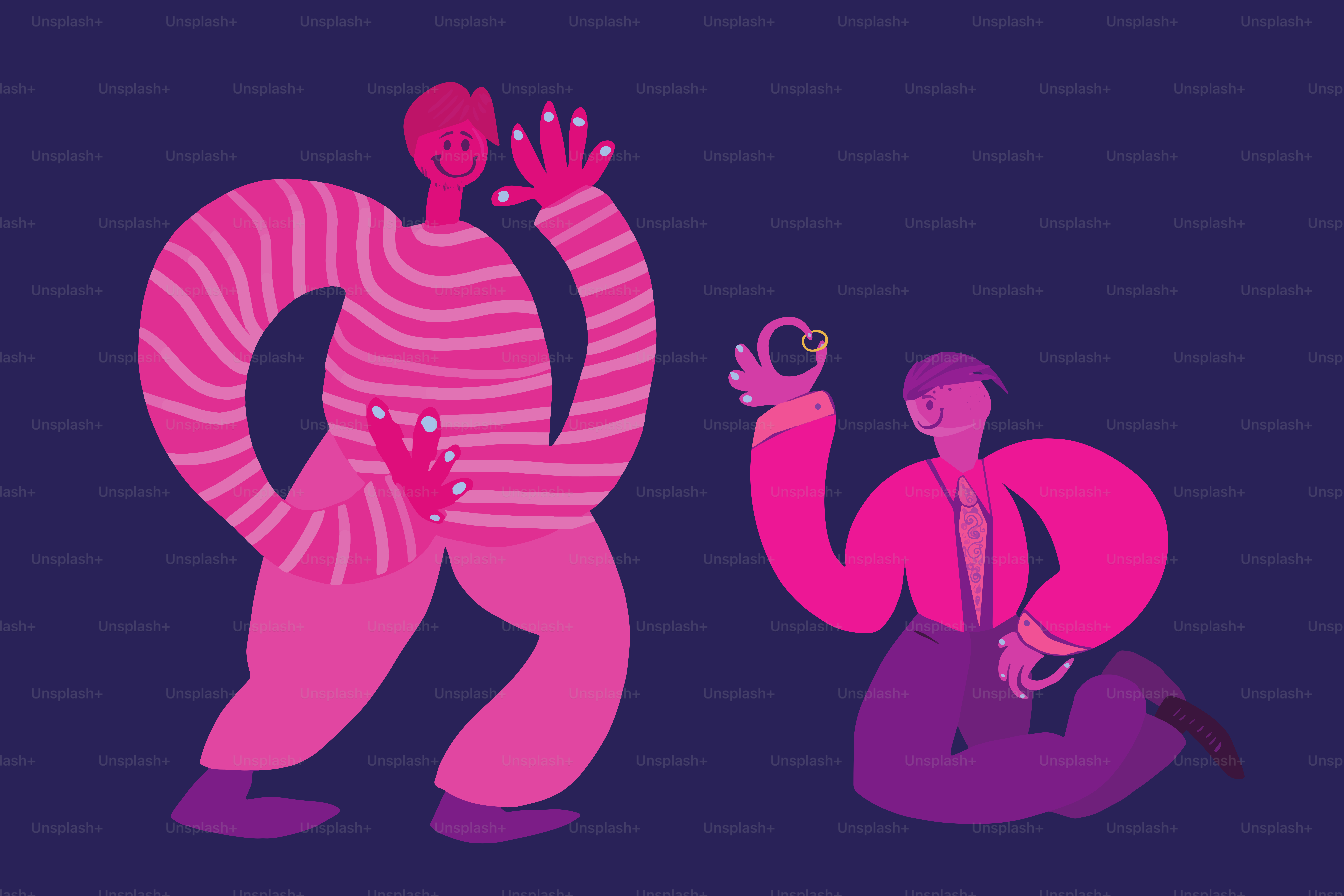 Illustration of a homosexual couple with one man proposing to his partner