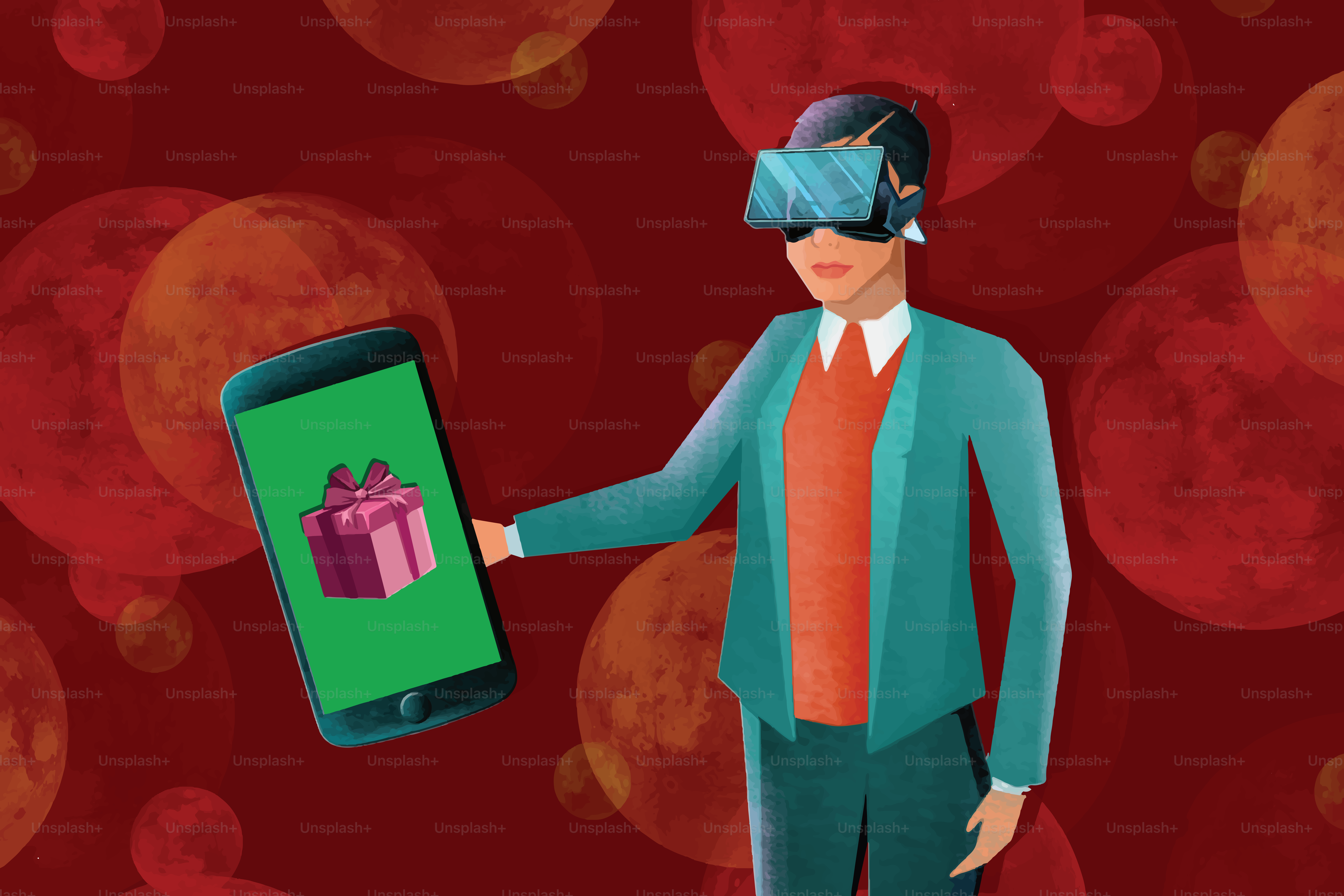Ein Mann, der eine virtuelle Brille verwendet, die mit seinem Smartphone verbunden ist, um einen Online-Kauf zu tätigen