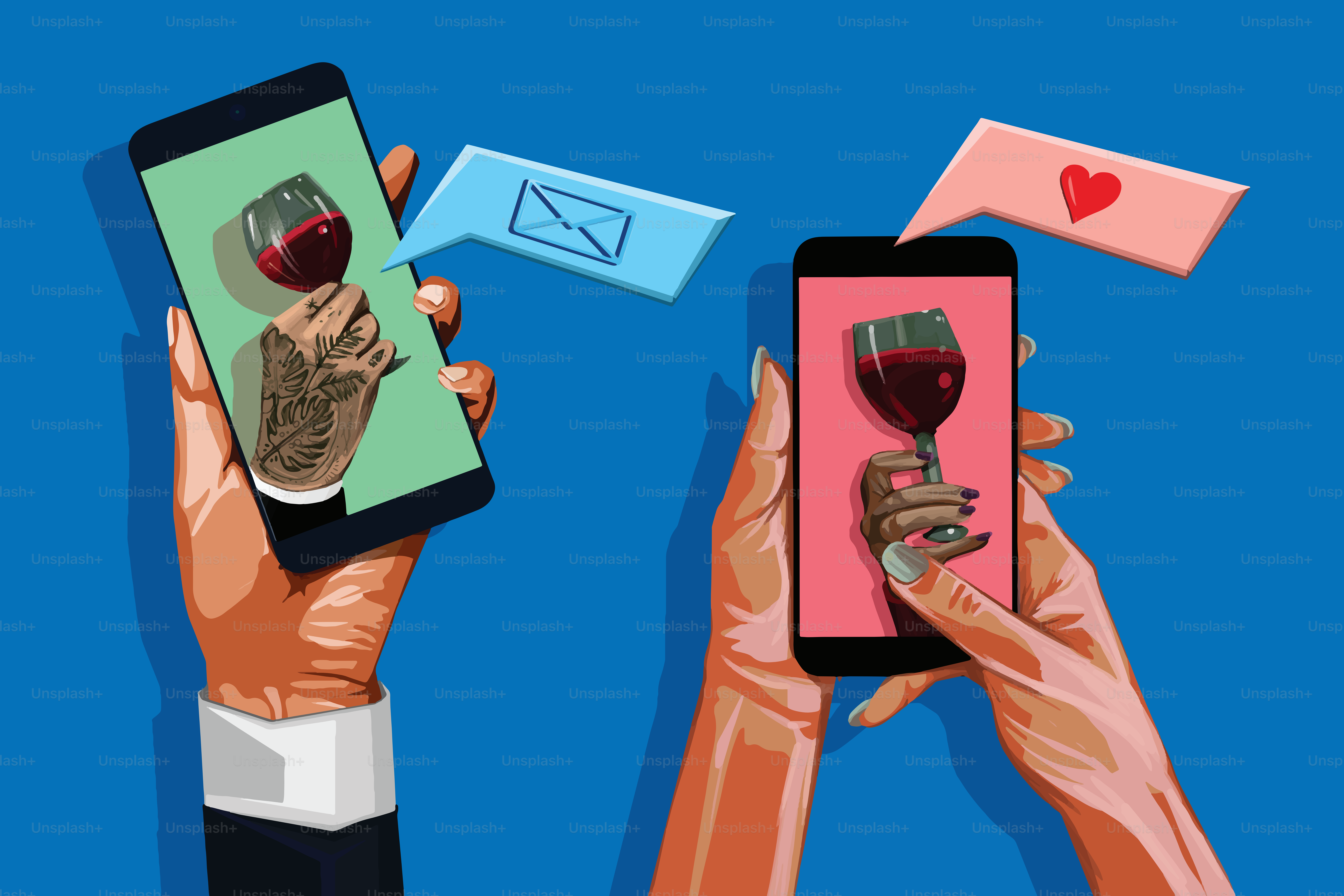 Tangan seorang pria dan wanita memegang telepon dengan aplikasi pencocokan pasangan dan saling mengirim pesan