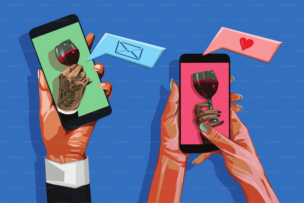 Hands of a man and woman holding a phone with a partner matching app and sending each other's messages