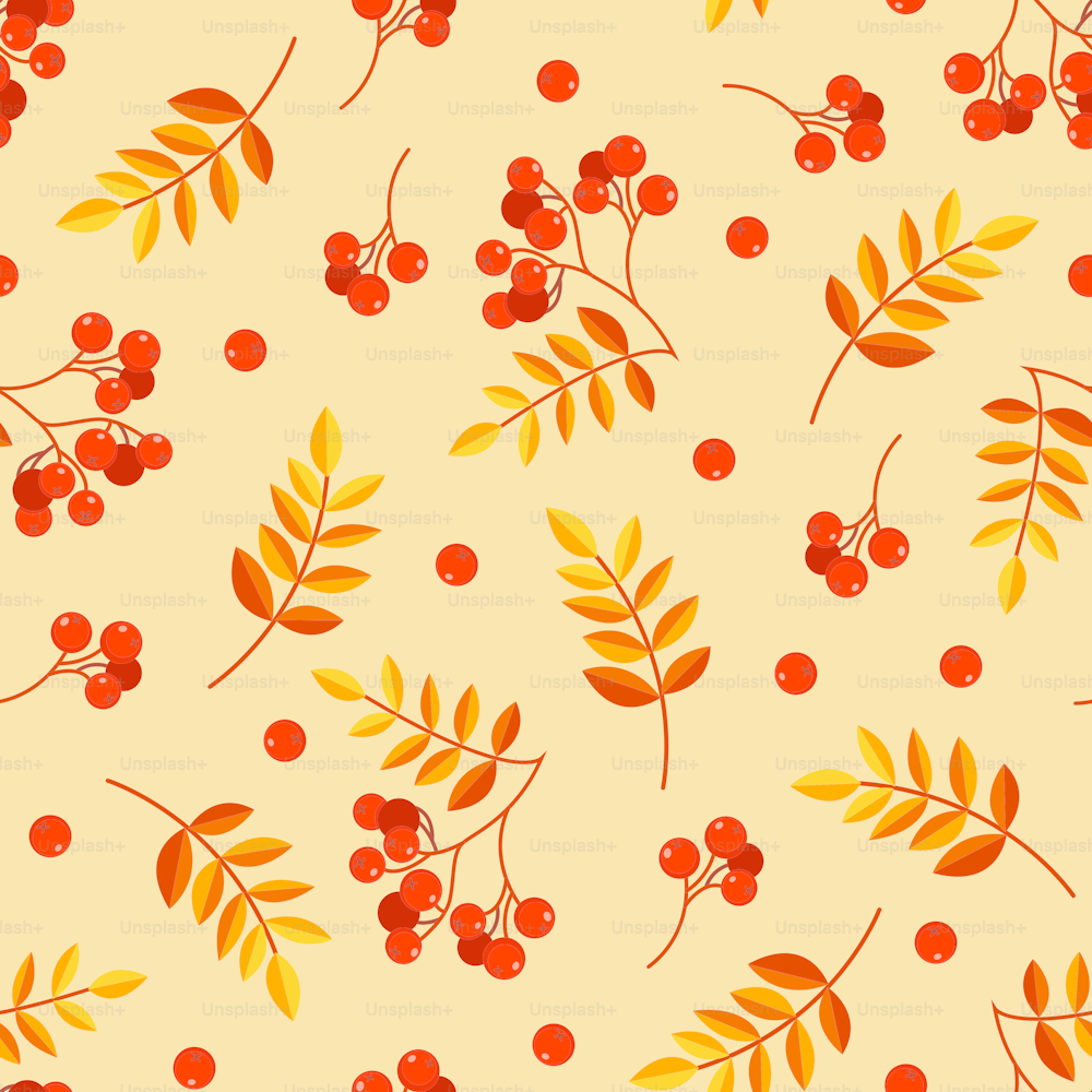 Rowan and autumn leaves seamless pattern. Design for fabric, wrapping paper, greeting card. Vector stock illustration.