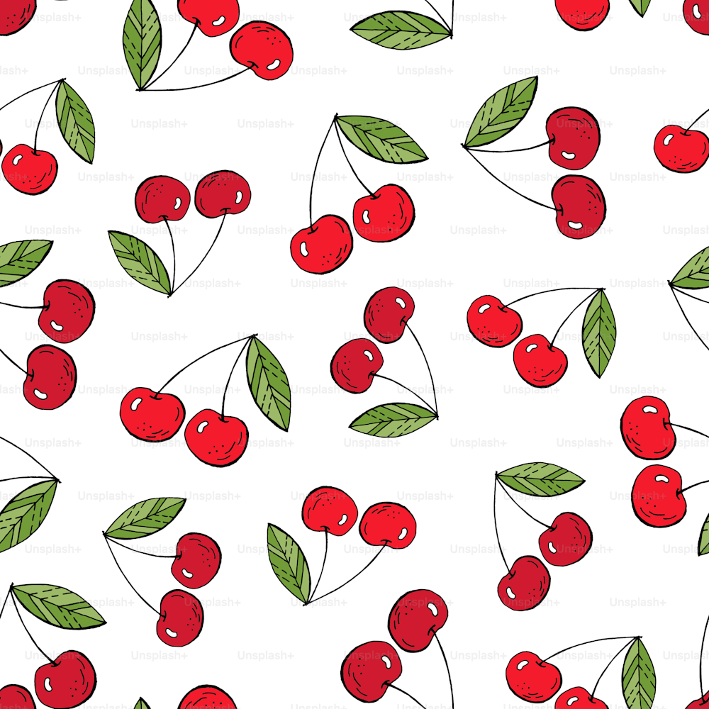 Cherries on a white background vector seamless pattern.