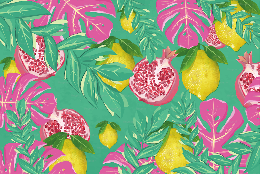 Lemons and pomegranates on a green background