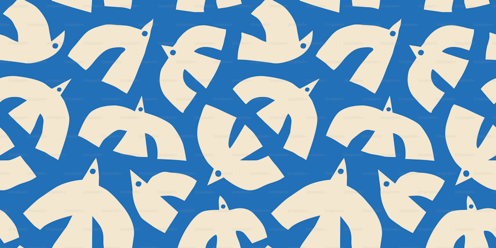 Patrón abstracto de forma de animal de ave sin costuras. Arte contemporáneo fondo plano de dibujos animados, pájaros simples volando en colores brillantes del cielo azul.
