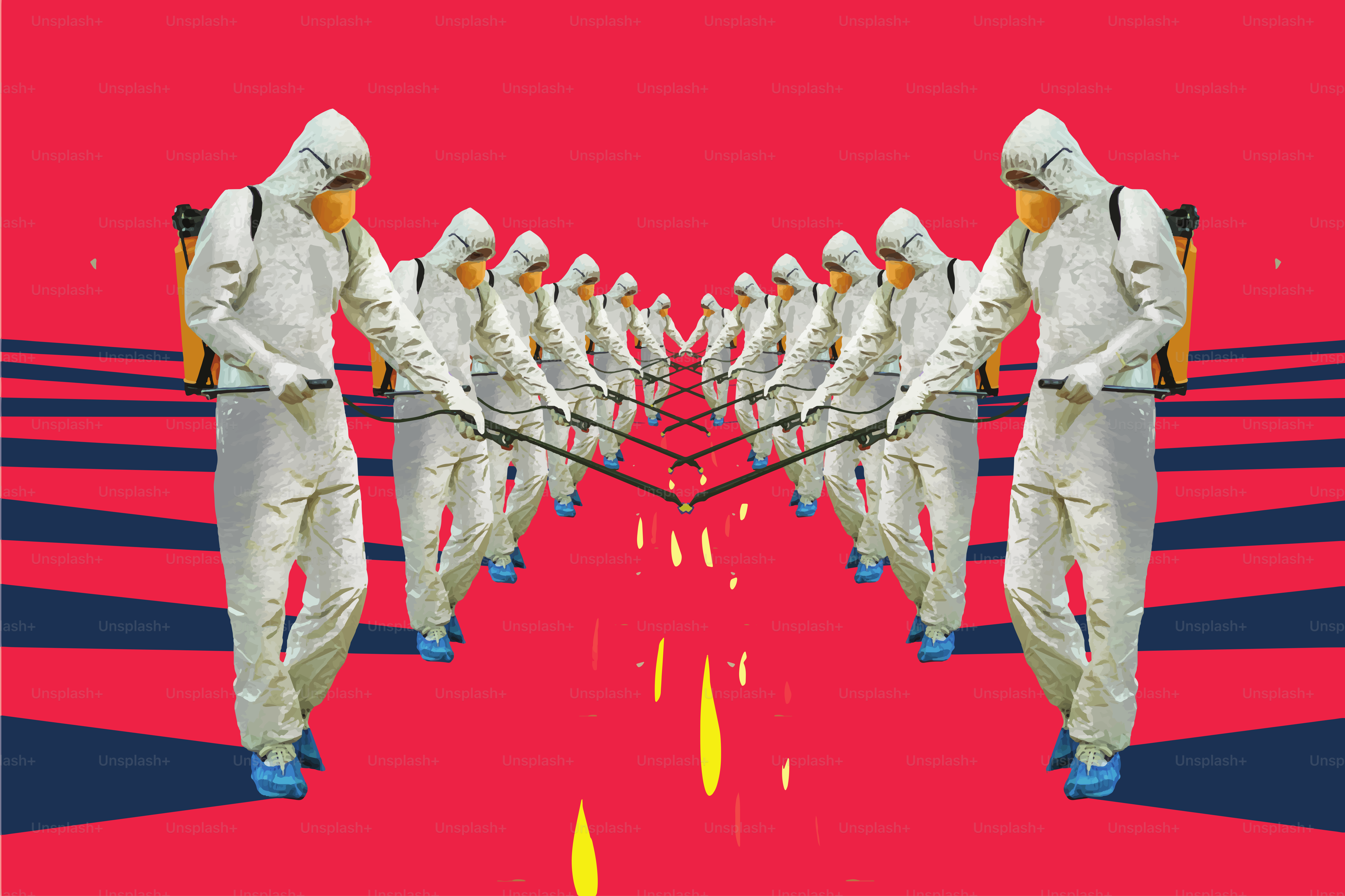 Flächendesinfektion als Vorbeugung. Sanitärarbeiter in Schutzanzügen bei der Reinigung.