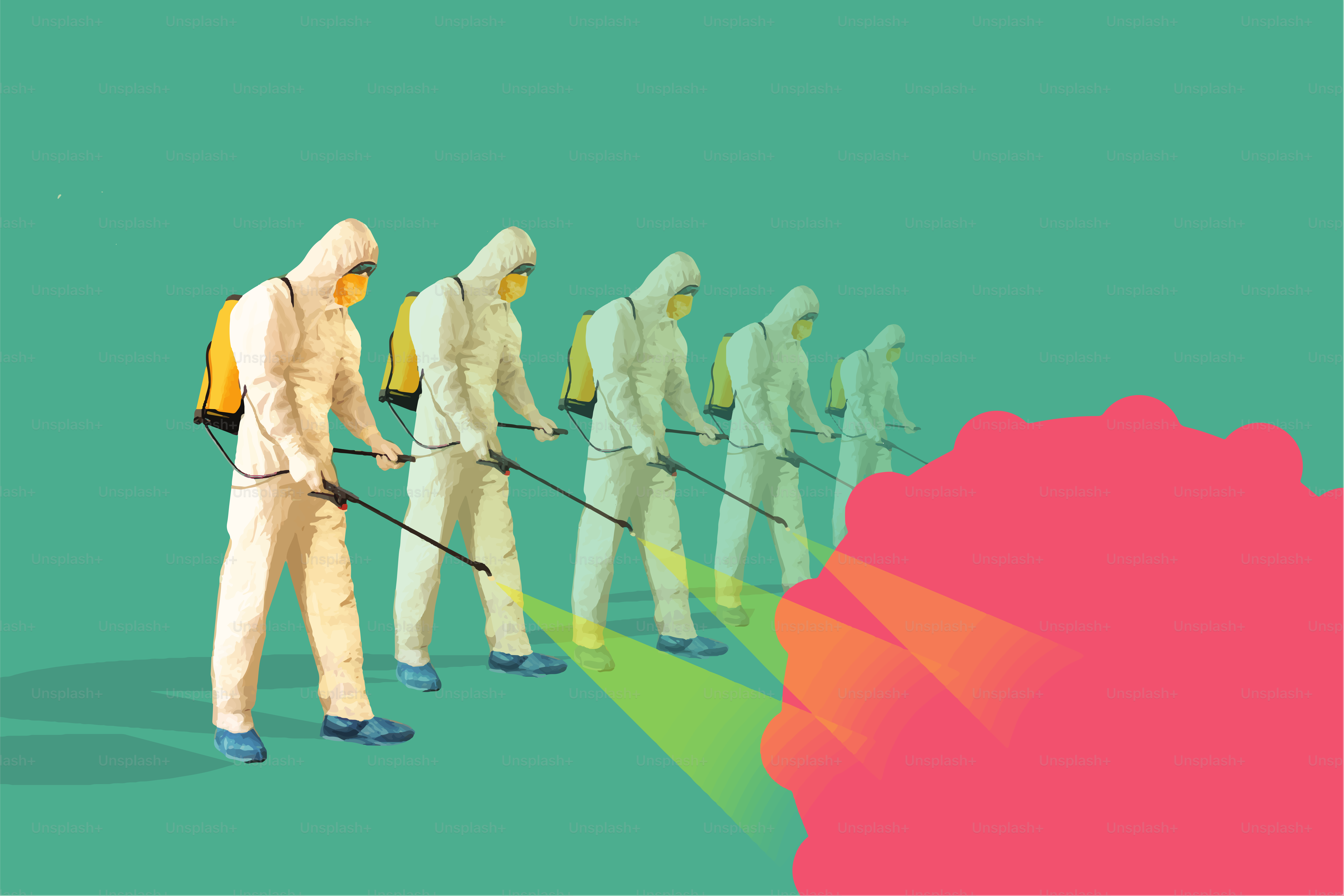 Sanitary workers in protective suits spreading chemicals to disinfect a surface