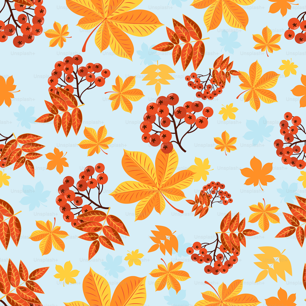 Autumn seamless pattern of red rowan berries and yellow chestnut leaves. Vector image.