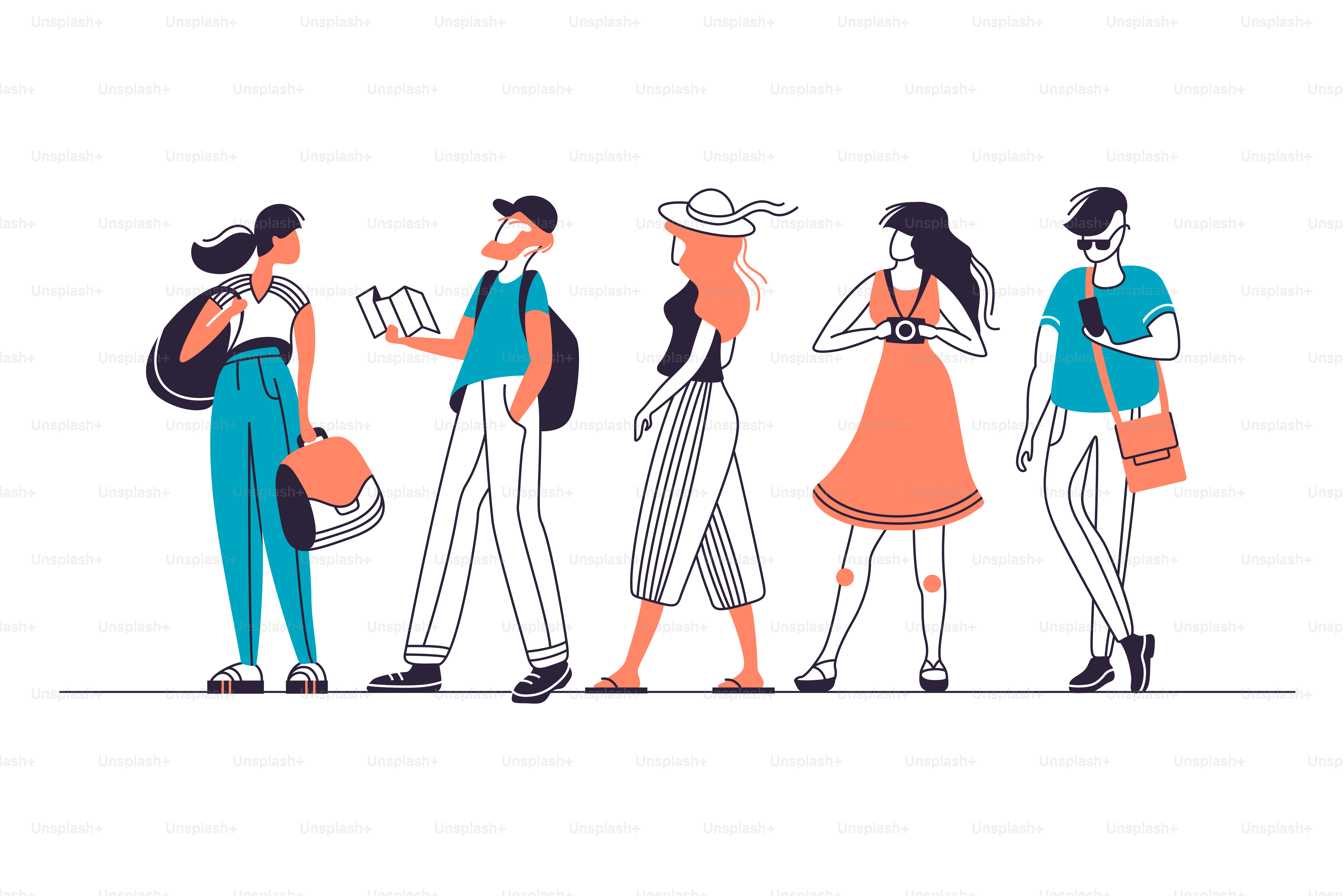 Vector set of urban touristic people characters, men and women in different poses.