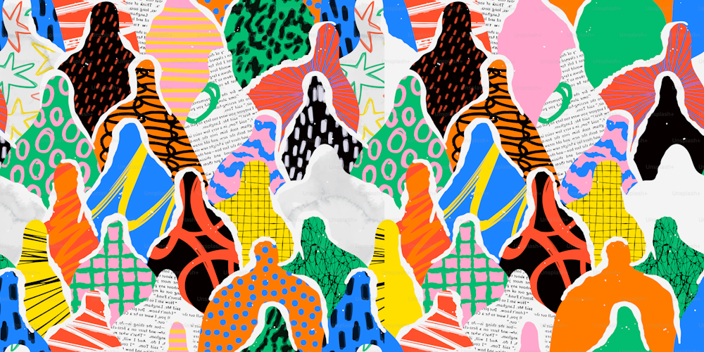 Personas coloridas y diversas abarrotan el arte abstracto con un patrón sin costuras. Comunidad multiétnica, gran diversidad cultural Ilustración de fondo grupal en estilo moderno de pintura de collage.
