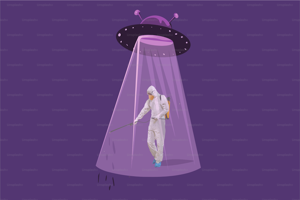 Illustration of an isolated NLO UFO spaceship and a man in a protective suit