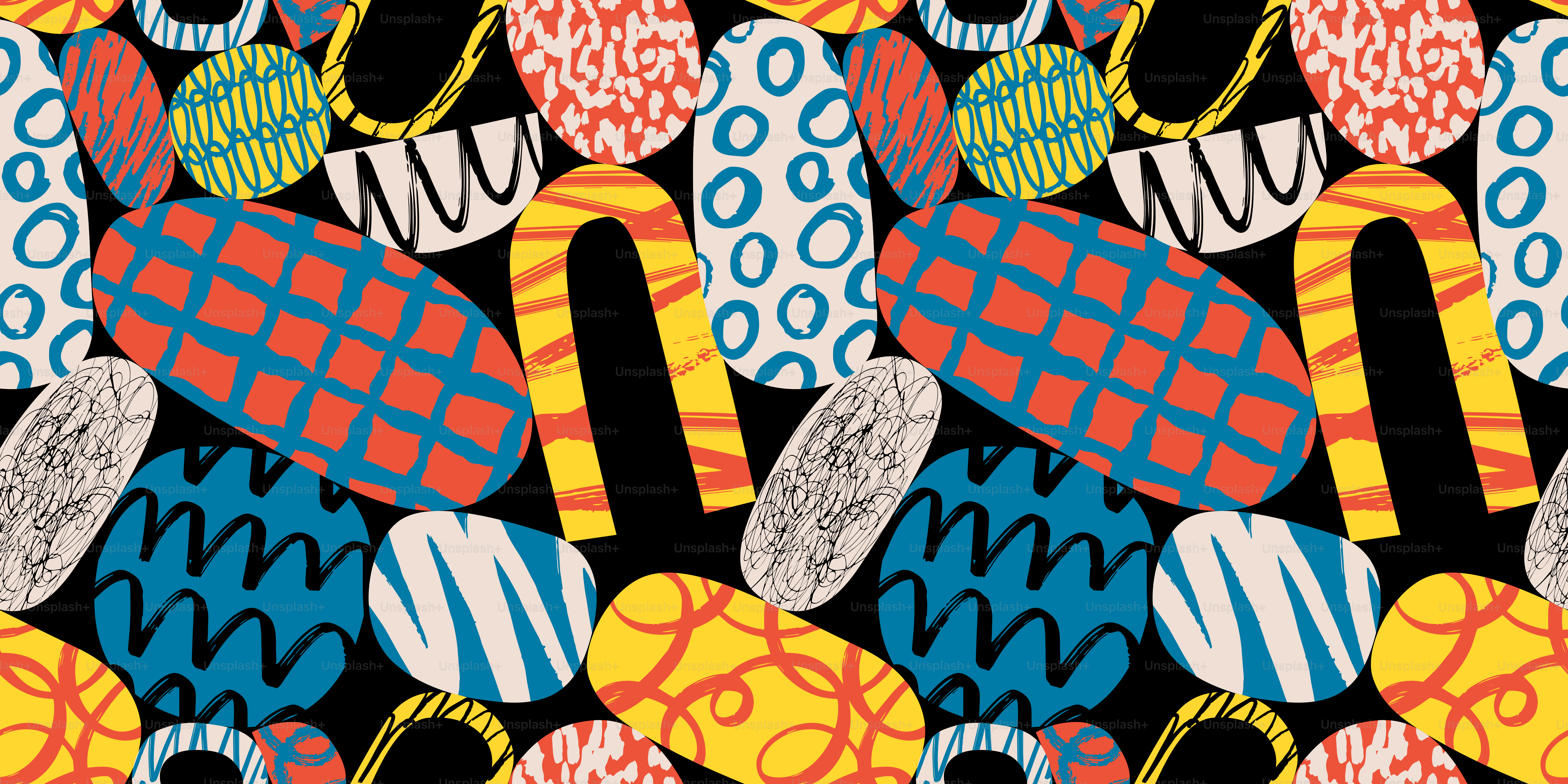 Moderne abstrakte Kunst, nahtlose Musterillustrationen mit farbenfrohen, großen, handgezeichneten Formen. Trendiger zeitgenössischer Hintergrund, zufällige freihändige Kritzeleizeichnungen, einfache Collage-Formen für Kinder.