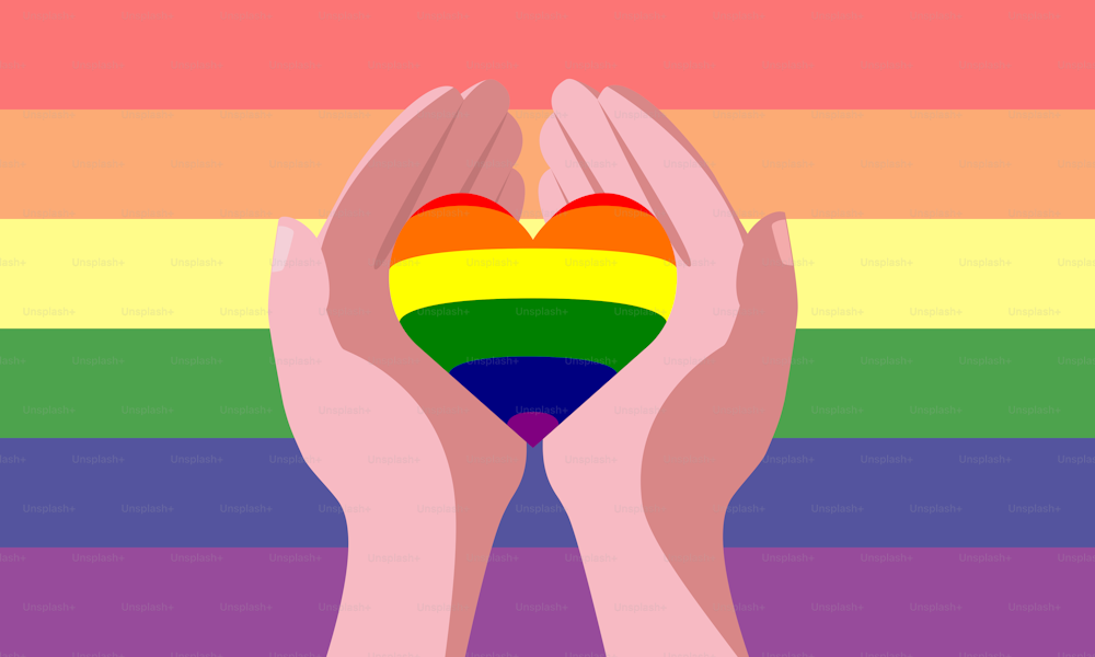Human hands are holding a rainbow heart. LGBT pride symbol. Vector stock illustration.