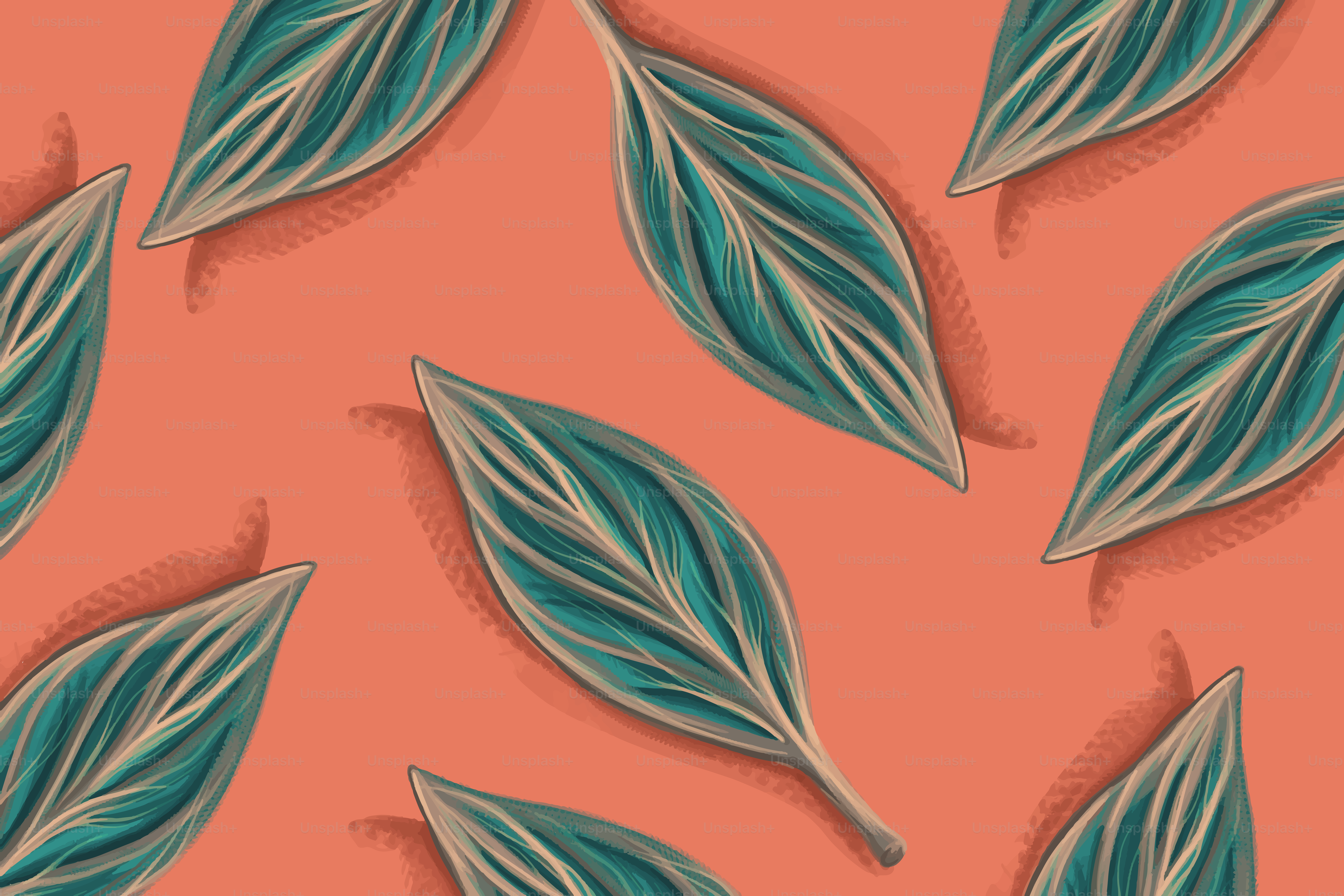 Seamless pattern of Calathea leaves on peach-colored background