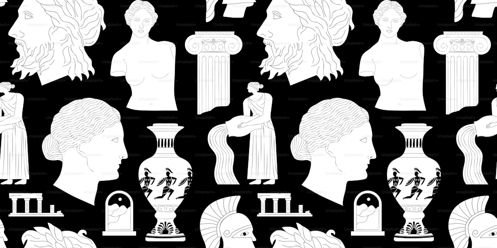 古代ギリシャの像と古典的なビンテージ記念碑のシームレスなパターン。白黒ギリシャ文化背景イラスト。歴史的な平らな漫画の絵。