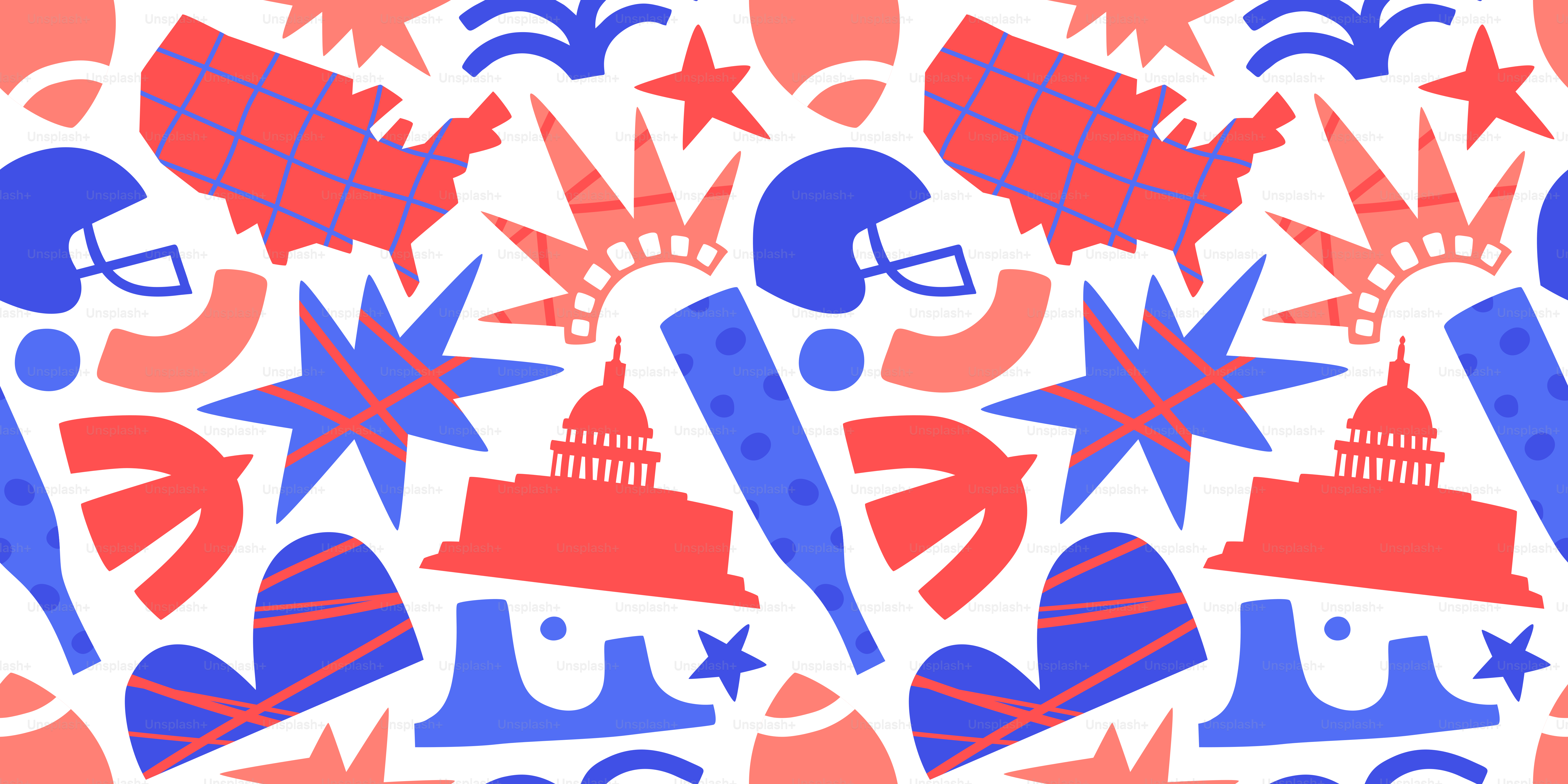 추상적인 미국 컨트리 낙서 모양, 이음새 없는 패턴. 북미 미국 문화의 배경을 그린 현대 만화 드로잉. 7월 4일 독립기념 텍스처, 국경일 벽지.