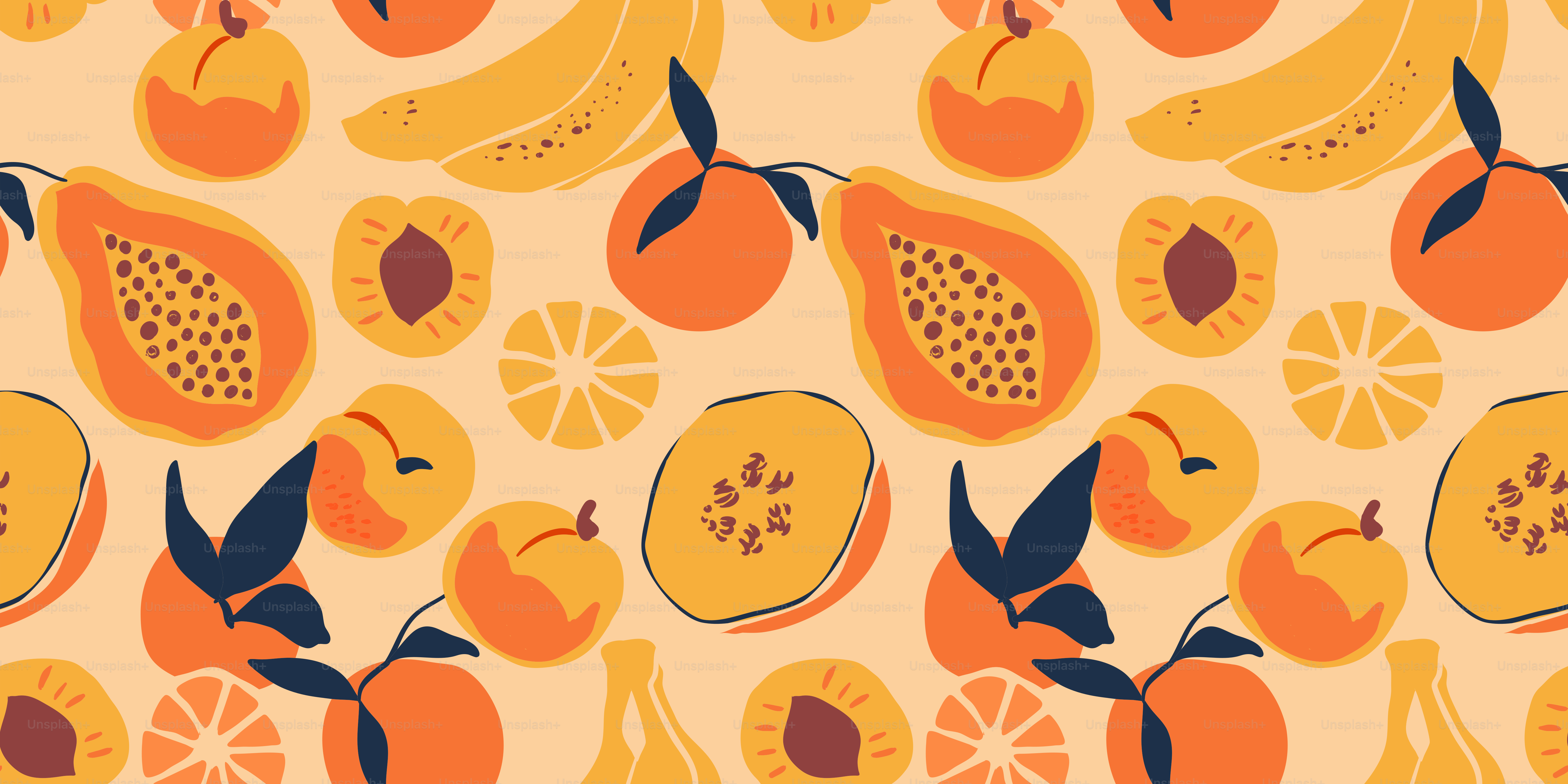 レトロな夏のフルーツフラットカートゥーンシームレスパターン。トレンディなカラフルなフードの背景デザイン。エキゾチックな季節商品の装飾。バナナ、オレンジ 、ピーチ、そしてさらに健康的な果物。のベクター – Unsplashの食べ物の画像, image size:3000x1500