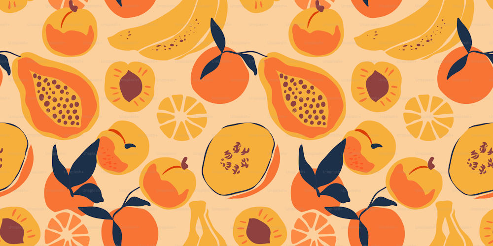 Retro summer fruit flat cartoon seamless pattern. Trendy colorful food background design. Exotic season product decoration. Banana, orange, peach and more healthy fruits.