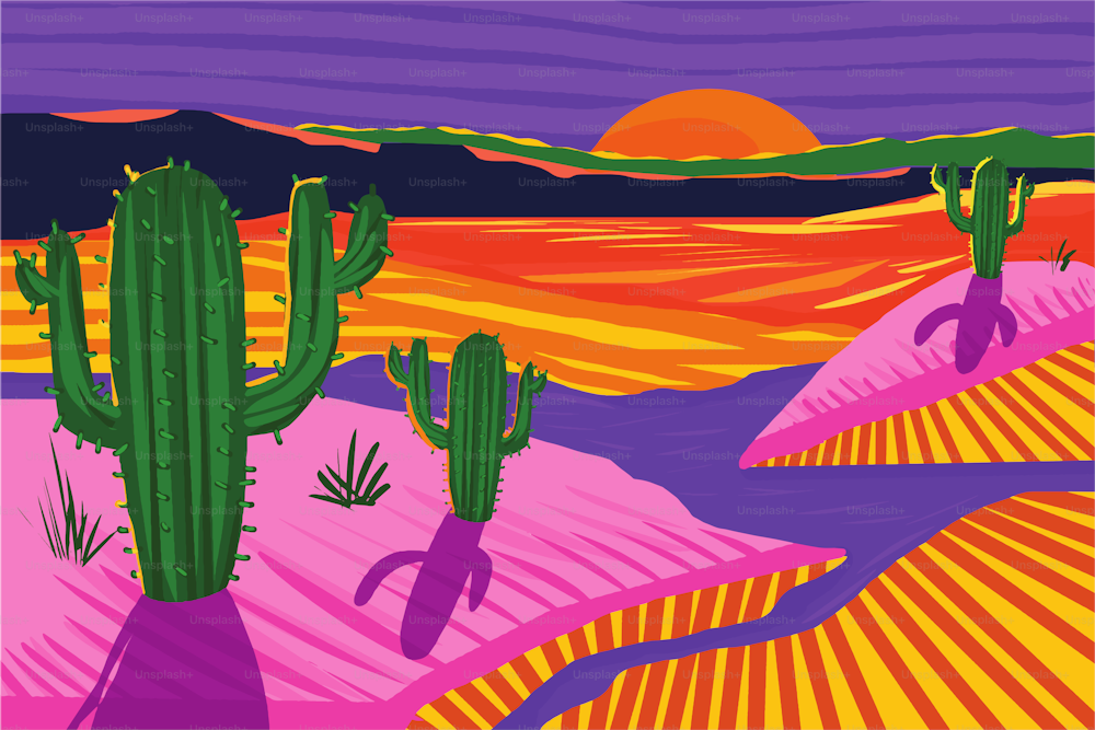 Ilustração de um deserto banhado pela luz quente do sol se pondo no horizonte