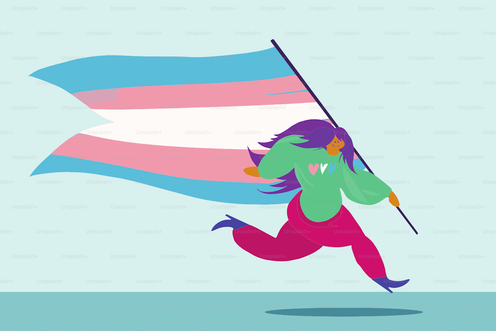 Ilustración de una persona corriendo sosteniendo una bandera transgénero en las manos; parte de las ilustraciones de la colección Pride