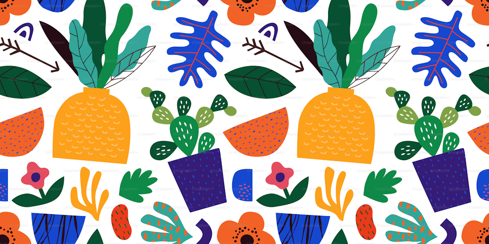 Padrão abstrato de plantas tropicais sem costura com rabiscos coloridos à mão livre. Fundo plano moderno dos desenhos animados, formas de planta de casa de cacto em cores brilhantes da moda.