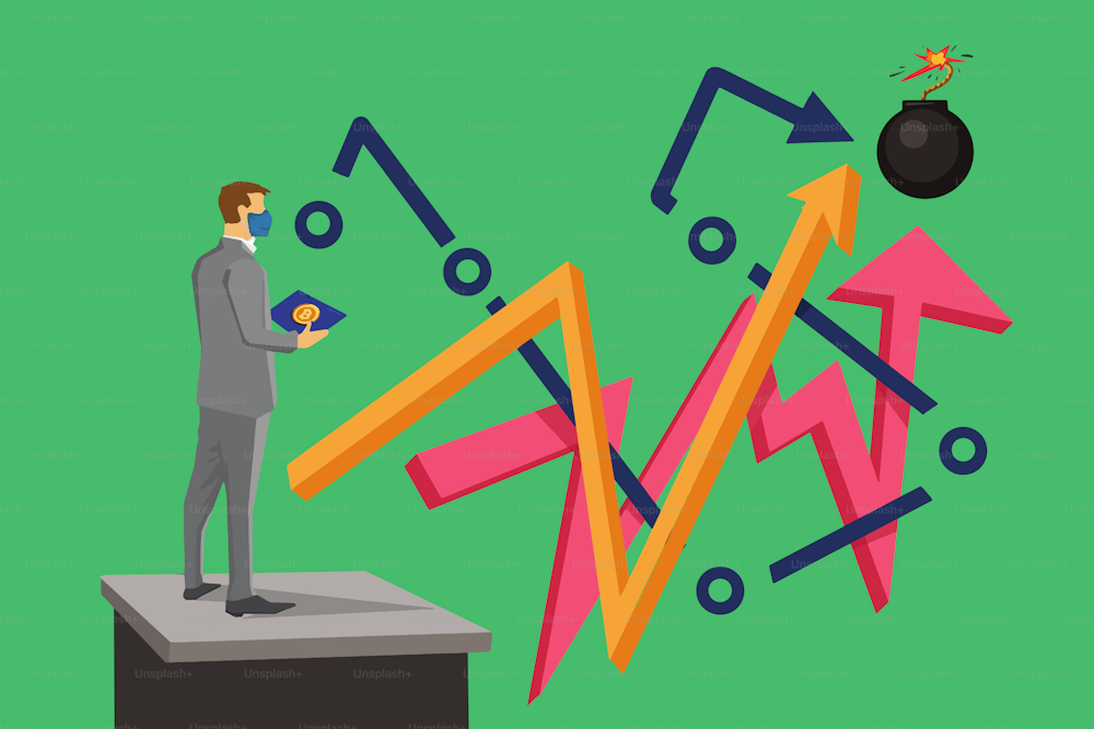 Illustration of a man in business suit examining the rise and fall of stock market