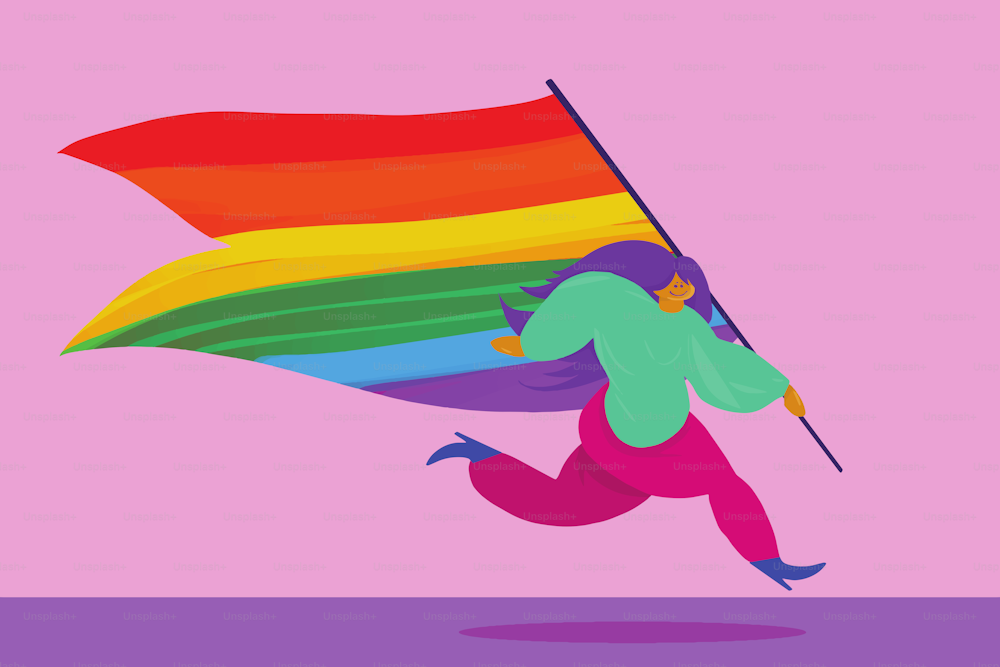 Illustration of a person running and holding up a rainbow Pride flag; part of Pride collection illustrations