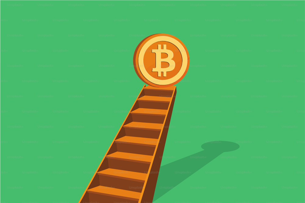 Yellow coin symbol of a cryptocurrency on top of the stairs on green background