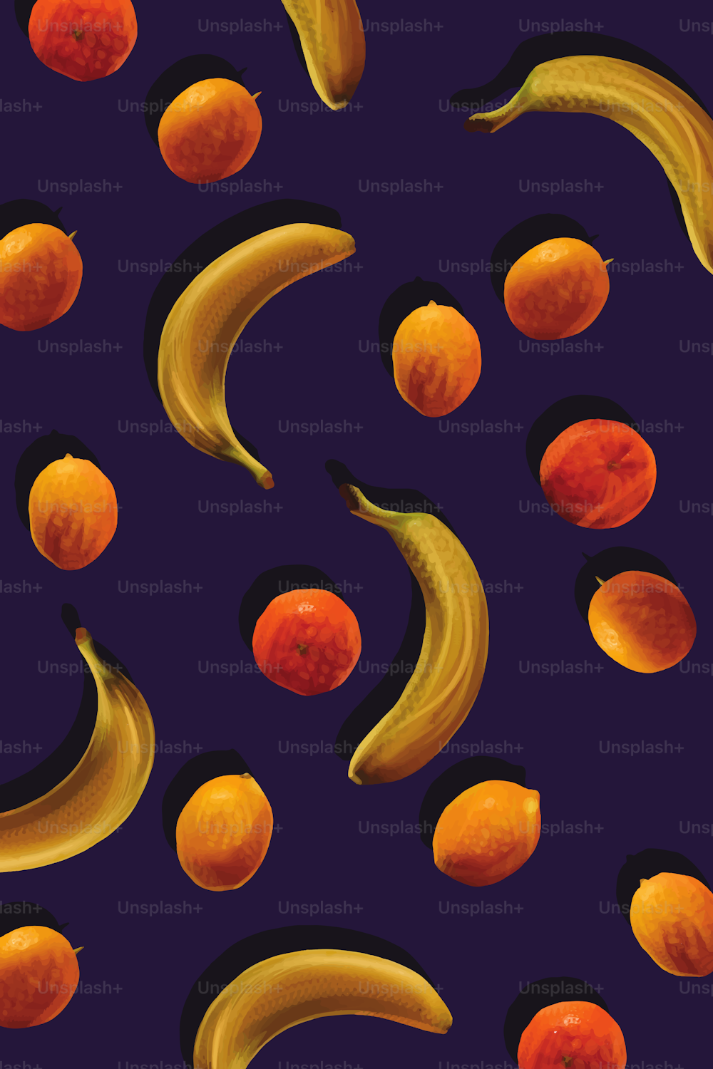 Seamless pattern of bananas and citrus fruit on dark blue background