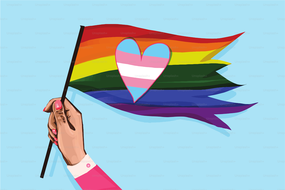 People holding up their flags of Pride and love as a symbol of unity, acceptance and care; part of Pride collection illustrations