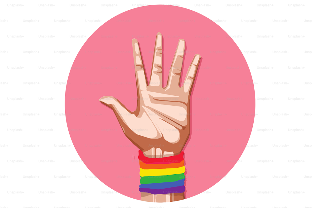 Icon of a raised hand wearing a rainbow-colored bracelet