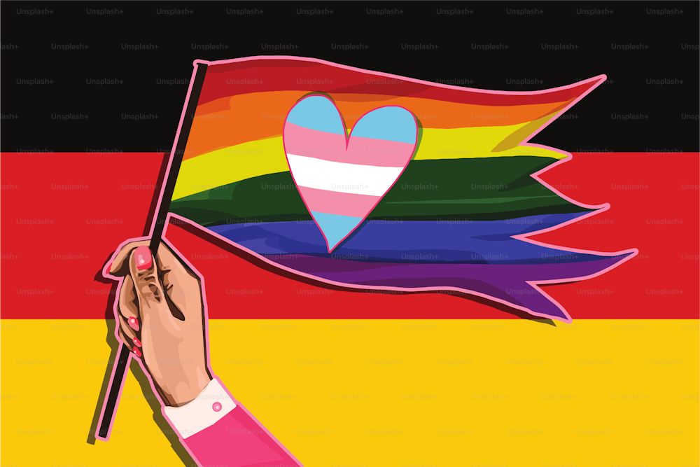 Personas que levantan sus banderas de orgullo y amor como símbolo de unidad, aceptación y cuidado; parte de las ilustraciones de la colección Pride