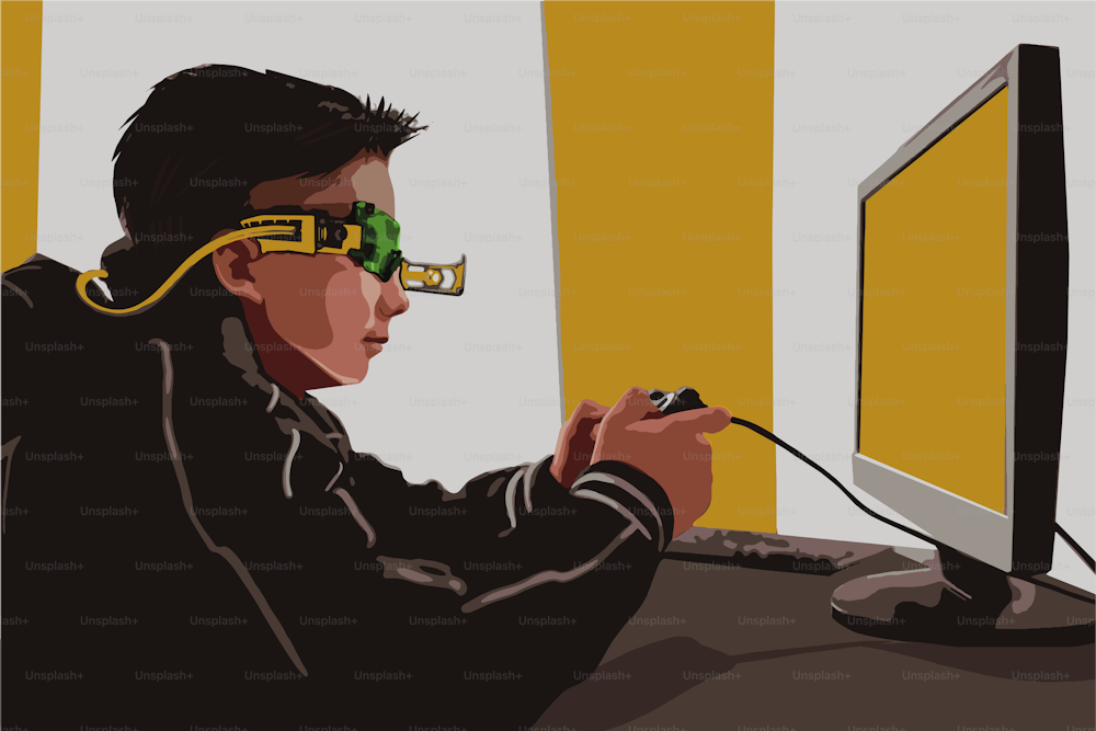 Cartoon Teenage Boy Play Video Game