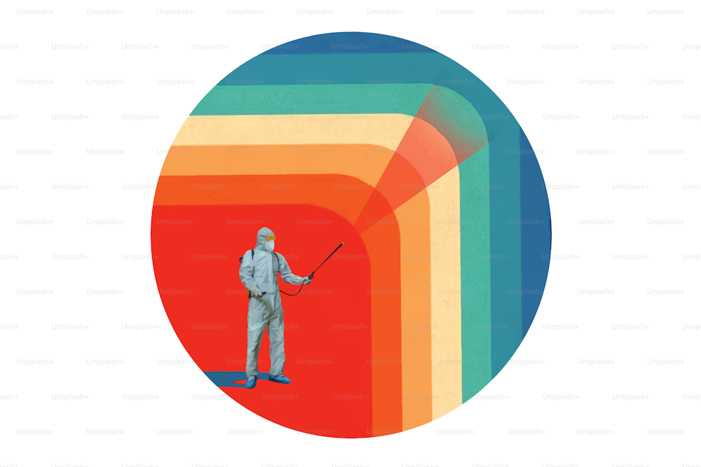 Illustration eines Mannes in einem Schutzanzug, der einen Pulverisierer-Sprühbeutel hält. Retro-Farben inspirierter Hintergrund.