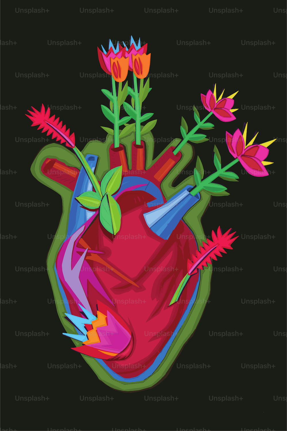 Coração humano e flores no estilo de arte de papel