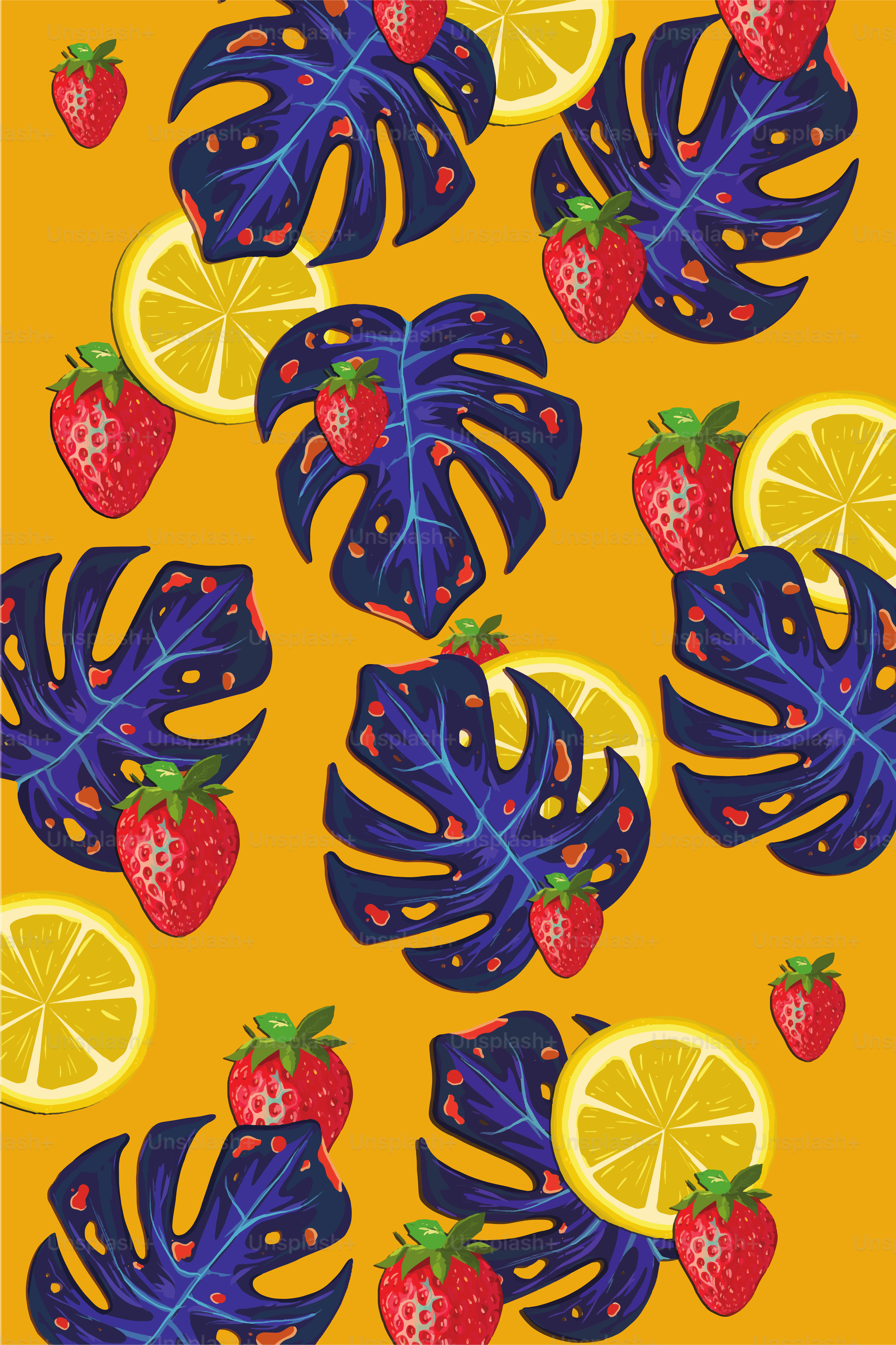 Tropical fruit and leaves, summer background composition vibrant colors