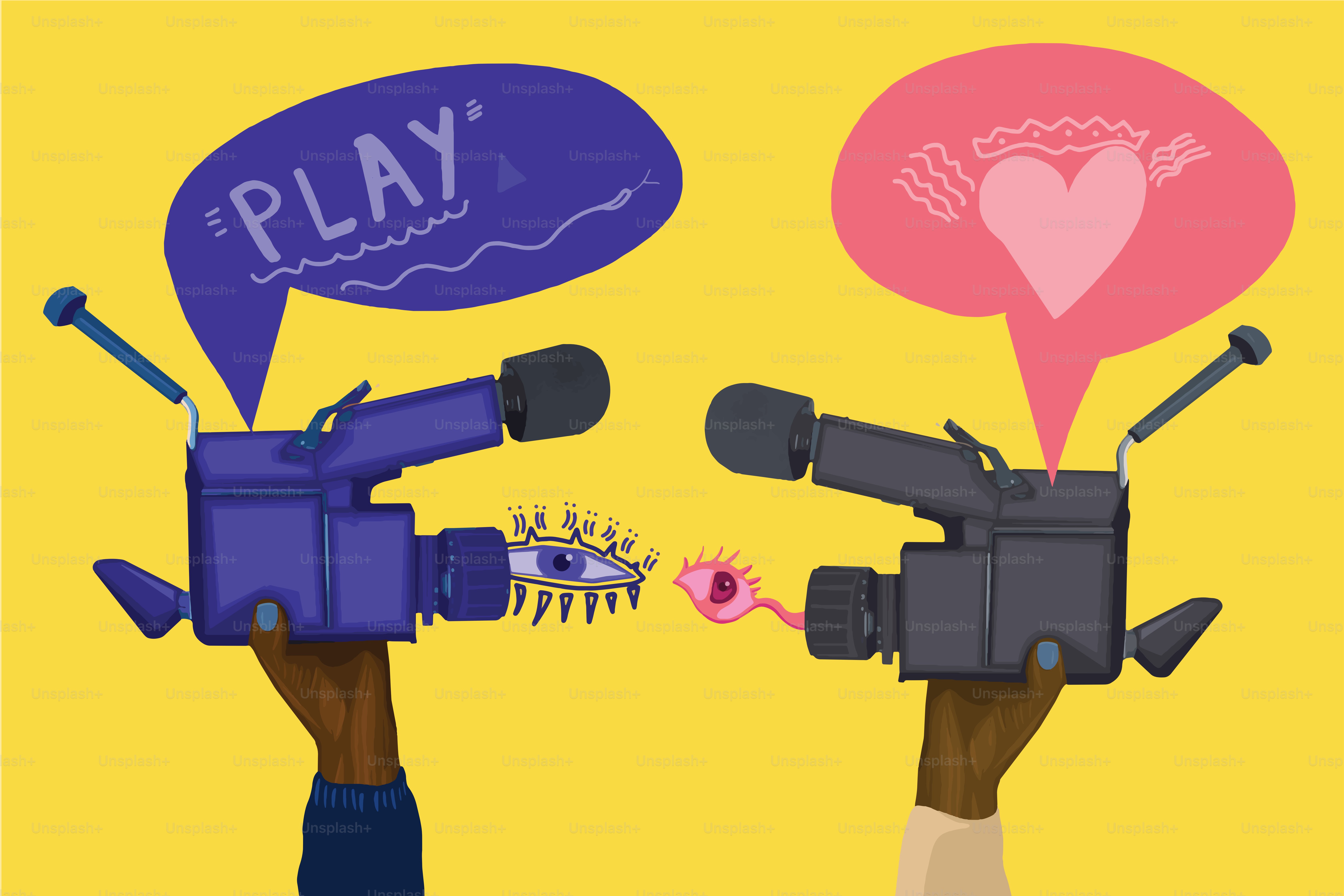 Conceptual vector of a young couple connecting together with a camera